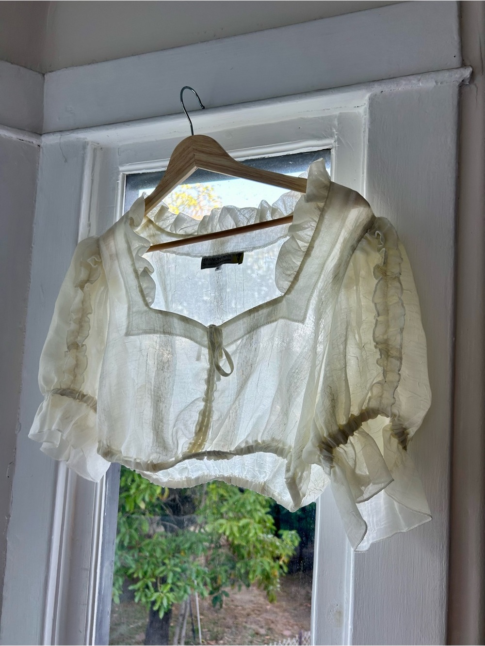 VINTAGE - Sheer Ruffle Tie-Front Crop Top — Ivory